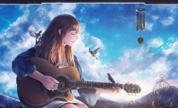 Rule 34 | 1girl, absurdres, animal, artist name, bird, birdcage, black shorts, blue sky, brown hair, cage, closed eyes, cloud, cloudy sky, commentary, day, guitar, highres, huge filesize, ikyu valiant valentine, indonesian text, instrument, long hair, mountainous horizon, music, original, parted lips, playing instrument, profile, resolution mismatch, shirt, shorts, sitting, sky, solo, source smaller, white shirt, wind chime