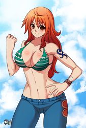 Rule 34 | 1girl, bikini, bikini top only, breasts, brown eyes, cleavage, hand on own hip, jadenkaiba, large breasts, long hair, looking at viewer, nami (one piece), navel, one piece, orange hair, smile, solo, stomach, swimsuit, tattoo