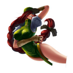 Rule 34 | 1girl, alternate hairstyle, alternate headwear, arm up, bandages, bare legs, braid, chinese clothes, clenched teeth, female focus, grin, hair over one eye, hat, hong meiling, long hair, puffy short sleeves, puffy sleeves, rapuka, short sleeves, single braid, smile, solo, teeth, touhou, very long hair, white background