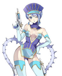 Rule 34 | 10s, 1girl, bad id, bad pixiv id, bare shoulders, blue eyes, blue hair, blue rose (tiger &amp; bunny), earrings, fingernails, fingernails over gloves, gun, jewelry, karina lyle, matching hair/eyes, one eye closed, solo, thighhighs, thorns, tiger &amp; bunny, weapon, wink, yukiwo