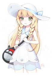 Rule 34 | &gt;:3, 1girl, :3, bag, blonde hair, blue ribbon, blunt bangs, braid, collared dress, commentary request, cowboy shot, creatures (company), dress, duffel bag, flat chest, game freak, green eyes, hat, hat ribbon, lillie (pokemon), long hair, looking at viewer, nintendo, poke ball theme, pokemon, pokemon sm, ribbon, see-through, signature, simple background, sleeveless, sleeveless dress, solo, sun hat, sundress, tamago (6egg 9508), twin braids, v-shaped eyebrows, white background, white dress, white hat
