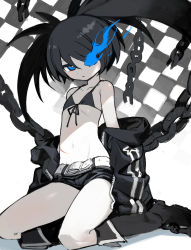 Rule 34 | 1girl, arms at sides, bare shoulders, belt, bikini, bikini top only, bikini under clothes, black bikini, black footwear, black hair, black jacket, black rock shooter, black rock shooter (character), black shorts, blue eyes, boots, bright pupils, broken, broken chain, chain, checkered background, collarbone, dot nose, double vertical stripe, facing viewer, fire, flaming eye, flat chest, front-tie bikini top, front-tie top, full body, groin, highres, hood, hooded jacket, jacket, knee boots, kokaki mumose, long hair, looking to the side, micro shorts, navel, open clothes, open jacket, pale skin, parted lips, ribs, scar, scar on stomach, seiza, serious, shade, shadow, shiny skin, shorts, silver trim, simple background, sitting, skinny, solo, star (symbol), star print, swimsuit, thighs, tsurime, twintails, two-tone background, unworn jacket, unzipped, white background, white belt, white pupils, zipper