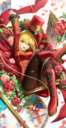 Rule 34 | 1girl, absurdres, black pantyhose, blonde hair, blush, boots, breasts, eyebrows hidden by hair, fate/grand order, fate (series), flower, gloves, green eyes, hat, highres, large breasts, long sleeves, looking at viewer, nero claudius (fate), nero claudius (fate) (all), open mouth, pantyhose, red footwear, rose, shenqi xiao hong zai nali, white gloves