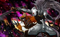 Rule 34 | 2boys, animal hood, arc system works, armor, blazblue, blazblue: calamity trigger, cat hood, claws, gond, hakumen, hood, jubei (blazblue), long hair, male focus, mask, multiple boys, multiple tails, outstretched arm, red eyes, silver hair, sword, tail, weapon