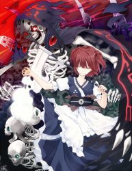 Rule 34 | 1girl, claws, dress, closed eyes, female focus, glowing, glowing eyes, hair bobbles, hair ornament, kazeharu, onozuka komachi, over shoulder, red eyes, red hair, scythe, short hair, skeleton, skull, solo, touhou, twintails, two side up, weapon