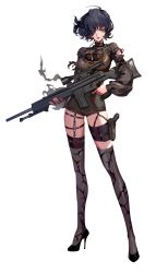 Rule 34 | 1girl, absurdres, ahoge, artist request, black footwear, black hair, black survival, breasts, collar, cross, cross earrings, earrings, full body, green eyes, grey thighhighs, gun, hair over one eye, handgun, high heels, highres, holding, holding gun, holding weapon, holster, holstered, jewelry, lips, long sleeves, looking at viewer, medium hair, nail polish, official alternate costume, official art, parted lips, pistol, red nails, rifle, rozzi (black survival), scope, shoes, short shorts, shorts, sniper rifle, solo, standing, thigh strap, thighhighs, torn clothes, transparent background, trigger discipline, weapon