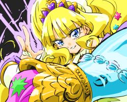 Rule 34 | 1girl, absurdres, aura, blonde hair, blue eyes, bridal gauntlets, cure finale, delicious party precure, earrings, eyelashes, hair ornament, highres, jewelry, kasai amane, long hair, looking at viewer, magical girl, precure, simple background, smile, solo, tiara, upper body, yoshiyama yuu
