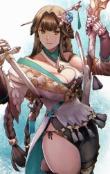 Rule 34 | 1girl, absurdres, asymmetrical clothes, bare shoulders, blue background, braid, breasts, cleavage, closed mouth, collarbone, gauntlets, gradient background, granblue fantasy, green eyes, hair intakes, hair ornament, hairpin, highres, kankitsurui (house of citrus), knife, large breasts, long hair, looking at viewer, naginata, polearm, shura (granblue fantasy), sidelocks, single pantsleg, smile, thighs, twin braids, weapon