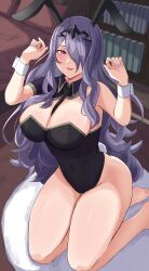 Rule 34 | 1girl, :d, absurdres, animal ears, bare legs, bare shoulders, black leotard, blush, breasts, camilla (fire emblem), covered navel, detached collar, fake animal ears, fake tail, fire emblem, fire emblem fates, hair over one eye, highres, kneeling, large breasts, leotard, long hair, looking at viewer, nintendo, open mouth, peli cantaro, playboy bunny, purple eyes, purple hair, purple nails, rabbit ears, rabbit tail, smile, solo, strapless, strapless leotard, tail, very long hair, wavy hair, wrist cuffs
