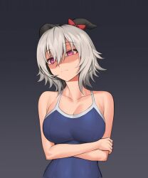Rule 34 | 1girl, animal ears, bare shoulders, blue one-piece swimsuit, bow, breasts, cleavage, collarbone, commentary, competition school swimsuit, curren chan (umamusume), ear bow, ear covers, ears back, fukuro (maruaru00), gradient background, grey background, grey hair, hair between eyes, highres, horse ears, horse girl, narrowed eyes, one-piece swimsuit, purple eyes, red bow, school swimsuit, short hair, solo, swimsuit, umamusume, upper body