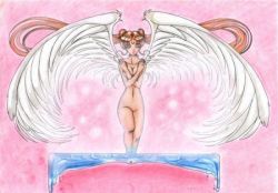 Rule 34 | 1990s (style), 1girl, angel wings, artist request, bishoujo senshi sailor moon, bishoujo senshi sailor moon sailor stars, blonde hair, breasts, closed eyes, collarbone, covering breasts, covering privates, crescent, crescent facial mark, double bun, eternal sailor moon, eyebrows, facial mark, forehead mark, hair bun, hair ornament, looking at viewer, medium breasts, navel, nude, pink background, retro artstyle, sailor moon, standing, tsukino usagi, twintails, water, wings