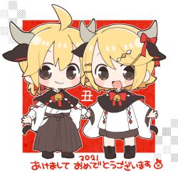 Rule 34 | 1boy, 1girl, 2021, akeome, animal ears, bell, black capelet, black hakama, blonde hair, blush stickers, bow, bowtie, capelet, chibi, chinese zodiac, commentary, cow ears, cow horns, cow tail, hair ornament, hairclip, hakama, hakama short skirt, hakama skirt, happy new year, holding hands, horns, japanese clothes, kagamine len, kagamine rin, looking at viewer, miniskirt, najo, neck bell, nengajou, new year, open mouth, red neckwear, shide, short hair, skirt, smile, spiked hair, swept bangs, tail, vocaloid, year of the ox, yellow eyes
