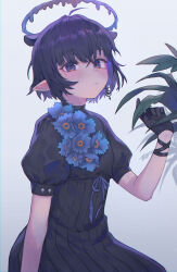 1girl absurdres black_gloves blue_eyes blue_flower blue_halo dress earrings empire_waist flower flower_on_chest flower_ornament gloves halo high_collar highres hololive hololive_english jewelry kiwwwwwi leaf liquid_halo meconopsis_(ninomae_ina&#039;nis) melting_halo ninomae_ina&#039;nis official_alternate_costume official_alternate_hairstyle pleated_dress pointy_ears puffy_short_sleeves puffy_sleeves purple_hair short_hair short_sleeves single_earring virtual_youtuber