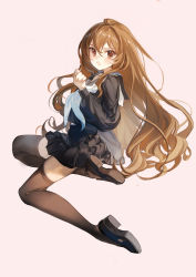 Rule 34 | 1girl, :o, absurdres, aisaka taiga, black footwear, black sailor collar, black shirt, black skirt, blush, brown eyes, brown hair, brown thighhighs, commentary request, female focus, from side, full body, hair between eyes, hand up, highres, long hair, looking at viewer, neckerchief, official alternate costume, pleated skirt, rumoon, sailor collar, school uniform, shirt, simple background, skirt, solo, thighhighs, toradora!, white background, white neckerchief