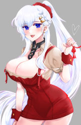Rule 34 | 1girl, apron, azur lane, beige shirt, belfast (azur lane), belfast (piping-hot perfection) (azur lane), braid, breasts, broken, broken chain, chain, cleavage, earrings, ekotoba, french braid, grey background, jewelry, large breasts, light purple hair, long hair, low neckline, official alternate costume, open mouth, puffy short sleeves, puffy sleeves, purple eyes, red apron, red scrunchie, scrunchie, short sleeves, simple background, solo, very long hair, waitress, wrist cuffs