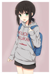 Rule 34 | 10s, 1girl, :d, alternate costume, arm at side, backpack, bag, black hair, black shorts, blush, breasts, casual, clothes writing, cowboy shot, fubuki (kancolle), green eyes, hair tie, hood, hood down, hooded sweater, hoodie, kantai collection, long hair, long sleeves, looking at viewer, low ponytail, nakamura sumikage, open mouth, parka, pink background, pocket, ponytail, short hair, short ponytail, shorts, sidelocks, simple background, sleeves past wrists, small breasts, smile, solo, standing, sweater, sweater vest, tareme, thighs