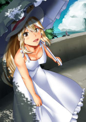 Rule 34 | 2girls, absurdres, alternate costume, animal ears, bare arms, bare shoulders, black hair, black rhinoceros (kemono friends), blonde hair, breasts, brown eyes, cleavage, collarbone, contemporary, dappled sunlight, day, dress, eyes visible through hair, frilled dress, frills, hair between eyes, hand up, hat, hiding, highres, holding, holding umbrella, horizon, kawanami eito, kemono friends, leaning forward, long dress, long hair, medium breasts, multiple girls, ocean, open mouth, outdoors, over shoulder, parasol, rhinoceros ears, smile, solo focus, sundress, sunlight, umbrella, very long hair, water, white dress, white rhinoceros (kemono friends)