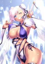 Rule 34 | 1girl, armpits, asymmetrical hair, bare shoulders, blue background, blue eyes, blue one-piece swimsuit, blurry, blush, bokeh, breasts, bun cover, cleavage, cowboy shot, criss-cross halter, depth of field, detached sleeves, fate/grand order, fate (series), from side, fur trim, grin, hair bun, halterneck, highleg, highleg swimsuit, holding, holding sword, holding weapon, katana, large breasts, lifting own clothes, long hair, looking at viewer, miyamoto musashi (fate), miyamoto musashi (fate/grand order), miyamoto musashi (swimsuit berserker) (fate), miyamoto musashi (swimsuit berserker) (third ascension) (fate), navel, one-piece swimsuit, one eye closed, over shoulder, single side bun, skindentation, smile, standing, strap pull, swept bangs, swimsuit, sword, thighhighs, thighs, two-tone swimsuit, water, weapon, weapon over shoulder, white one-piece swimsuit, wide sleeves, zen