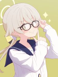 Rule 34 | 1girl, bespectacled, blue archive, blush, closed mouth, commentary request, glasses, hair between eyes, hair ornament, halo, hifumi (blue archive), highres, kyousuke (orcein), light brown hair, long hair, looking at viewer, low twintails, portrait, school uniform, simple background, smile, sparkle, twintails, yellow eyes