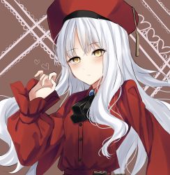 Rule 34 | 1girl, beret, breasts, brooch, caren hortensia, caren hortensia (amor caren), caren hortensia (amor caren) (second ascension), closed mouth, dress, fate/grand order, fate (series), hat, highres, jewelry, long hair, long sleeves, looking at viewer, neck ribbon, red dress, red hat, ribbon, small breasts, solo, wavy hair, white hair, yellow eyes, zhu li
