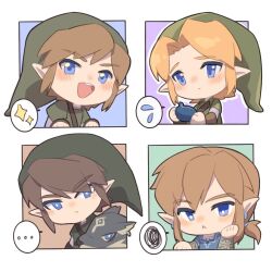 Rule 34 | ..., 5boys, :&lt;, blonde hair, blue eyes, brown hair, chibi, commentary, earrings, frown, head rest, highres, holding, instrument, jewelry, link, male focus, multiple boys, multiple persona, nintendo, ocarina, open mouth, smile, spoken ellipsis, spoken squiggle, squiggle, the legend of zelda, the legend of zelda: breath of the wild, the legend of zelda: ocarina of time, the legend of zelda: skyward sword, the legend of zelda: twilight princess, wolf link, yun (dl2n5c7kbh8ihcx)