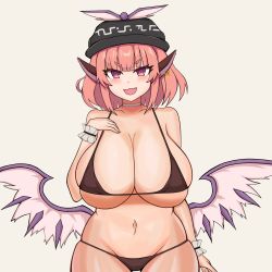 Rule 34 | 1girl, :d, absurdres, animal ears, bare shoulders, bikini, bird wings, blush, breasts, choker, collarbone, earrings, fang, hand on own chest, hat, highres, huge breasts, jewelry, looking at viewer, micro bikini, mystia lorelei, navel, ody kishi, open mouth, pink eyes, pink hair, short hair, single earring, smile, solo, swimsuit, thighs, touhou, v-shaped eyebrows, wings