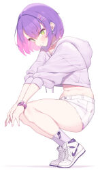 Rule 34 | 1girl, absurdres, alternate costume, cloba, cross, cross earrings, earrings, green eyes, hair ornament, highres, hololive, hood, hooded jacket, jacket, jewelry, legs, looking at viewer, midriff, multicolored hair, navel, nike (company), nike dunk, purple hair, shoes, short hair, shorts, simple background, smile, sneakers, socks, solo, thighs, tokoyami towa, two-tone hair, virtual youtuber, white background, white footwear, white jacket, white shorts, x hair ornament