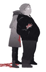 Rule 34 | 1boy, 1girl, alternate costume, beanie, blood, blood on clothes, blood on hands, blood splatter, boots, couple, eric cartman, fat, fat man, greyscale, hat, heidi turner, highres, hood, hug, hug from behind, jacket, long hair, monochrome, obese, short hair, south park