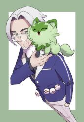 Rule 34 | 1boy, clavell (pokemon), clenched hand, closed mouth, commentary request, creatures (company), facial hair, game freak, glasses, goatee, grey-framed eyewear, grey eyes, hand up, highres, jacket, kisaki (pixiv3016850), looking to the side, male focus, nintendo, on shoulder, pants, poke ball, pokemon, pokemon (creature), pokemon on shoulder, pokemon sv, premier ball, purple jacket, round eyewear, shirt, smile, sprigatito