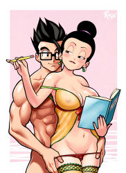 Rule 34 | 10s, 1boy, 1girl, abs, absurdres, black hair, blush, book, breasts, chi-chi (dragon ball), dragon ball, dragon ball super, dragonball z, covered erect nipples, fingernails, hetero, highres, incest, legs, mature female, mother and son, nail polish, nipples, nude, panties, pencil, purple nails, r ex, son gohan, underwear
