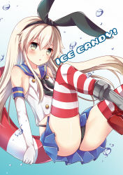 Rule 34 | 10s, 1girl, bad id, bad pixiv id, black eyes, black panties, blonde hair, elbow gloves, emilion, gloves, hair ribbon, kantai collection, long hair, looking at viewer, open mouth, panties, pantyshot, ribbon, shimakaze (kancolle), solo, striped clothes, striped thighhighs, thighhighs, underwear