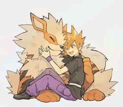 Rule 34 | 1boy, arcanine, black footwear, black shirt, blue oak, blush, collared shirt, commentary request, creatures (company), game freak, gen 1 pokemon, headpat, nintendo, one eye closed, open mouth, orange eyes, orange hair, pants, pokemon, pokemon (creature), pokemon frlg, purple pants, purple wristband, rata (m40929), shirt, shoes, short sleeves, sitting, spiked hair, teeth, tongue, upper teeth only, white background