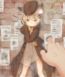 Rule 34 | 1880, 1girl, :&lt;, anger vein, animal ear fluff, animal ears, baguette, blurry, blurry foreground, blush, bread, brick wall, brown coat, brown dress, brown headwear, cabbie hat, closed mouth, coat, commentary request, coreytaiyo, dated, depth of field, dress, eyes visible through hair, food, hair ornament, hair over one eye, hat, highres, long sleeves, looking at viewer, hugging object, open clothes, open coat, original, out of frame, signature, sleeves past fingers, sleeves past wrists, solo focus, tail, tears, torn clothes, torn dress, wolf ears, wolf girl, wolf tail, x hair ornament, yellow eyes