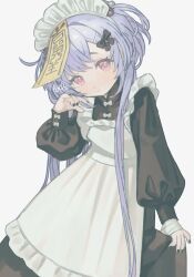 Rule 34 | 1girl, 750x077, absurdres, alternate costume, apron, bandaged hand, bandages, beads, black bow, black dress, black nails, blush, bow, closed mouth, dress, enmaided, genshin impact, hair beads, hair bow, hair ornament, hairclip, hand up, head tilt, highres, jiangshi, long hair, long sleeves, looking at viewer, maid, maid apron, maid headdress, ofuda, ofuda on head, puffy long sleeves, puffy sleeves, purple eyes, purple hair, qiqi (genshin impact), skirt hold, solo, very long hair, white apron, white background