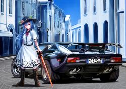 Rule 34 | 1girl, 3books, absurdres, black hat, blue hair, boots, building, car, commentary, de tomaso pantera, food, fruit, fruit hat ornament, hat, highres, hinanawi tenshi, holding, holding sword, holding weapon, lamppost, leaf, leaf hat ornament, long hair, looking at viewer, motor vehicle, outdoors, peach, peach hat ornament, red eyes, road, shadow, short sleeves, skirt, smile, solo, sports car, sword, sword of hisou, touhou, vehicle focus, weapon
