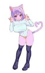 Rule 34 | 1girl, absurdres, animal ears, black footwear, blush, boots, breasts, cat ears, cat tail, contrapposto, dot nose, fingernails, fluff, full body, hands up, heart, heart tail, high heels, highres, large breasts, legs apart, leotard, long sleeves, medium hair, open mouth, original, pink hair, red eyes, red nails, sharp fingernails, simple background, smile, solo, standing, straight-on, tail, thigh boots, white background, white leotard, yu1 na12