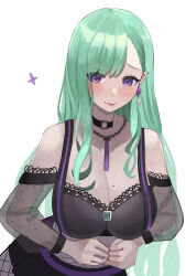Rule 34 | 1girl, :p, absurdres, bare shoulders, bead necklace, beads, belt, black choker, black shorts, blush, breasts, bustier, choker, cleavage, commentary, english commentary, fishnet pantyhose, fishnets, gem, green gemstone, green hair, grey sleeves, hair behind ear, highres, jewelry, large breasts, leaning forward, long hair, long sleeves, looking at viewer, mole, mole on breast, necklace, pantyhose, purple belt, purple eyes, see-through, see-through sleeves, shorts, solo, suspenders, swept bangs, tongue, tongue out, very long hair, virtual youtuber, vspo!, yakumo beni, yakumo beni (1st costume), yofo