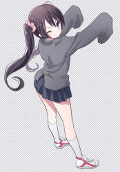 Rule 34 | &gt;;), 1girl, black hair, blue eyes, blue skirt, checkered background, closed mouth, eyebrows, from behind, from side, full body, hair ornament, hair scrunchie, hands up, ica, long hair, looking at viewer, one eye closed, original, pleated skirt, school uniform, scrunchie, shoes, skirt, sleeves past wrists, smile, sneakers, socks, solo, standing, twintails, v-shaped eyebrows, white socks