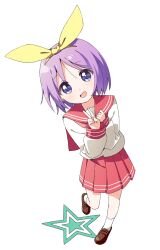 Rule 34 | 1girl, :d, blue eyes, brown footwear, commentary request, full body, hairband, haru (konomi 150), highres, hiiragi tsukasa, long sleeves, looking at viewer, lucky star, open mouth, pleated skirt, purple hair, red sailor collar, red skirt, ryouou school uniform, sailor collar, school uniform, serafuku, shoes, short hair, simple background, skirt, sleeves past wrists, smile, socks, solo, star (symbol), v, white background, white serafuku, white socks, yellow hairband