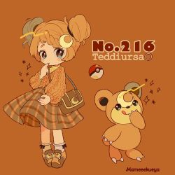 Rule 34 | 1girl, artist name, bag, braid, brown background, brown bag, brown skirt, brown sweater, brown theme, character name, creature and personification, creatures (company), crescent, crescent hair ornament, double bun, full body, game freak, gen 2 pokemon, hair bun, hair ornament, hand up, highres, long sleeves, narumame, nintendo, personification, plaid, plaid skirt, poke ball, poke ball (basic), pokedex number, pokemon, pokemon (creature), shoes, shoulder bag, simple background, skirt, smile, standing, sweater, teddiursa, tongue, tongue out