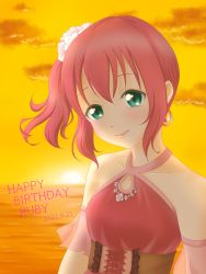 Rule 34 | 1girl, alternate hairstyle, aqua eyes, artist name, artist request, blush, breasts, brown corset, cloud, collarbone, corset, cross-laced clothes, cross-laced dress, dress, earrings, female focus, floating hair, green eyes, hair between eyes, highres, jewelry, kurosawa ruby, looking at viewer, love live!, love live! school idol festival, love live! sunshine!!, ocean, parted lips, ponytail, red dress, red hair, short hair, side ponytail, sky, sleeveless, sleeveless dress, small breasts, smile, solo, upper body, yellow sky