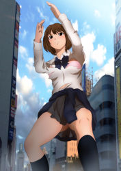 Rule 34 | 1girl, absurdres, blush, bow, bowtie, bra, breasts, brown hair, building, city, clothes around waist, cloud, giant, giantess, highres, large breasts, legs, looking away, red eyes, school uniform, serious, short hair, skirt, sky, socks, solo, standing, thighs, torn clothes, underwear, yadokari genpachirou