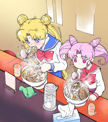 2girls bishoujo_senshi_sailor_moon blonde_hair blue_eyes blue_sailor_collar blue_skirt bow bowl bright_pupils char-siu chibi_usa chinese_spoon chopsticks cone_hair_bun cup double_bun earrings eating food hair_bun hardboiled_egg highres himehachi_(hime8manga) holding holding_chopsticks jewelry jirou_(ramen) long_hair long_sleeves menma motion_lines multiple_girls no_mouth no_pupils noodles pink_eyes pink_hair pleated_skirt ramen red_bow red_sailor_collar sailor_collar school_uniform serafuku shirt short_hair sitting skirt slurping steam stool sweat tissue_box tsukino_usagi twintails v-shaped_eyebrows white_pupils white_shirt