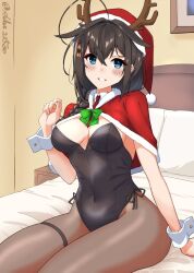 Rule 34 | 1girl, ahoge, alternate costume, antlers, bed, bedroom, black hair, black leotard, black pantyhose, blue eyes, braid, capelet, commentary request, covered navel, fake antlers, fur-trimmed capelet, fur-trimmed headwear, fur trim, hair flaps, hair over shoulder, hat, horns, indoors, kantai collection, leotard, nontraditional playboy bunny, pantyhose, pillow, red capelet, red hat, reindeer antlers, santa hat, shiba (zudha), shigure (kancolle), shigure kai san (kancolle), side-tie leotard, single braid, solo, strapless, strapless leotard, twitter username, wrist cuffs