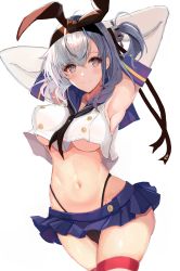 Rule 34 | 1girl, armpits, black neckerchief, black panties, blue sailor collar, blue skirt, blush, breasts, closed mouth, collarbone, cosplay, cowboy shot, crop top, elbow gloves, eriyama e, gloves, grey eyes, groin, hair between eyes, highleg, highleg panties, highres, kantai collection, large breasts, long hair, miniskirt, navel, neckerchief, one side up, panties, pleated skirt, sailor collar, school uniform, serafuku, shimakaze (kancolle), shimakaze (kancolle) (cosplay), silver hair, simple background, skirt, sleeveless, smile, solo, striped clothes, striped thighhighs, suzutsuki (kancolle), thighhighs, underboob, underwear, white background, white gloves
