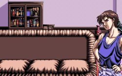 Rule 34 | 1990s (style), 1boy, blue shirt, brown hair, cabinet, character request, couch, cowboy shot, dithering, facing viewer, game cg, hands on own hips, indoors, interheart, looking at viewer, lowres, pc98, pixel art, reijou monogatari, retro artstyle, serious, shirt, short hair, sleeveless, sleeveless shirt, solo, standing, tagme