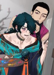Rule 34 | 2boys, black hair, blush, chanoo artz, collarbone, commentary, earrings, english commentary, fingernails, green hair, hair over one eye, highres, holding, holding brush, hwei (league of legends), indoors, jewelry, jhin, league of legends, long hair, male focus, multiple boys, open mouth, painting (action), ponytail, purple eyes, red eyes, short hair, sweatdrop, teeth, upper body