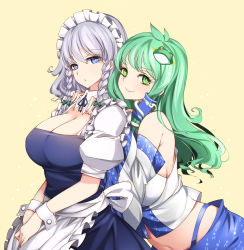 Rule 34 | 2girls, absurdres, apron, blue eyes, blue skirt, bow, braid, breasts, bright pupils, cleavage, closed mouth, cowboy shot, detached collar, detached sleeves, frog hair ornament, from side, green bow, green eyes, green hair, groin, hair bow, hair ornament, hands on another&#039;s shoulders, highres, izayoi sakuya, kochiya sanae, large breasts, long hair, maid, maid headdress, medium hair, multiple girls, navel, puffy short sleeves, puffy sleeves, raptor7, shirt, short sleeves, side braids, silver hair, simple background, skirt, smile, snake hair ornament, standing, touhou, twin braids, v arms, waist apron, white apron, white pupils, white shirt, wide sleeves, wrist cuffs, yellow background