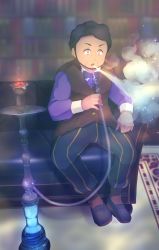 Rule 34 | 1boy, :o, black hair, blowing smoke, bookshelf, bow, bowtie, brown vest, buttons, commentary request, couch, creatures (company), facial hair, game freak, highres, holding, hookah, indoors, laventon (pokemon), long sleeves, male focus, neocerapaima, nintendo, open mouth, pants, pokemon, pokemon legends: arceus, purple eyes, purple shirt, rug, shirt, shoes, short hair, sitting, smoke, socks, solo, sparkle, vest
