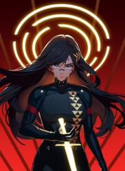 Rule 34 | 1girl, android, armor, black bodysuit, black hair, blue eyes, bodysuit, crying, crying with eyes open, cyberpunk, elzapatoverde, energy sword, falke (signalis), glowing, glowing sword, glowing weapon, halo, highres, long hair, looking at viewer, red background, signalis, sword, tears, weapon, yellow halo